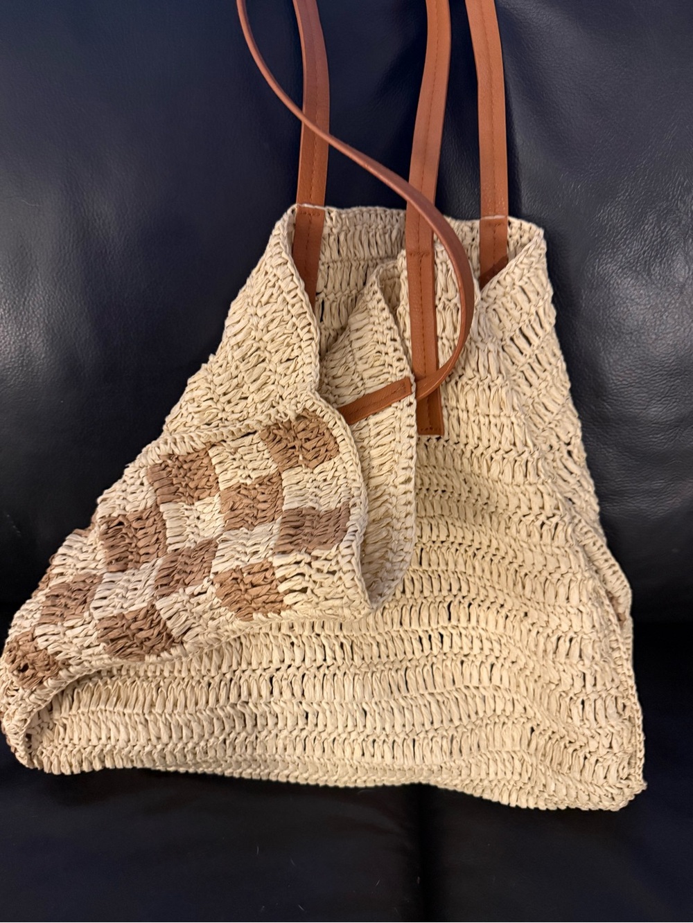 Woven Straw Tote Bag with Brown Check Accent and Leather Straps